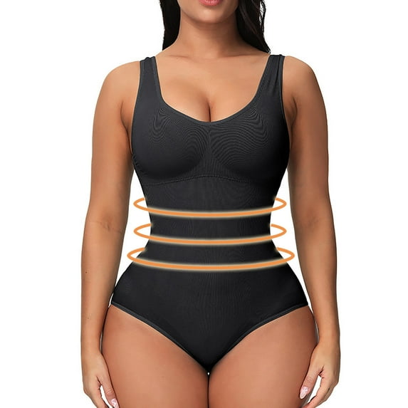BLTIBY Tank Top Bodysuit for Women U Neck Solid Color Thong Jumpsuit Tummy Control Seamless Shapewear Comfy Fashion Bodysuits Black L