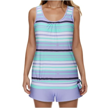BLTIBY Tankini Swimsuits for Women Two Piece Bathing Suits Ladies Conservative Printed Strappy Back Sets Swimdress Swimsuit Blue 3XL