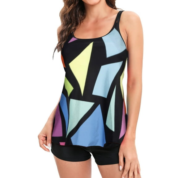 BLTIBY Tankini Swimsuits for Women Two Piece Bathing Suits Ladies Printed Tank Top with Shorts Strappy Back Set Swimdress Swimsuit 2025 Black M