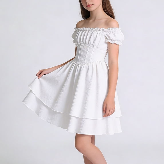 BLTIBY Teen Girls Dress Kids off the Shoulder Short Sleeve Flowy Swing Casual A Line Dresses Formal Party Gown Comfy Summer Dresses White 9-10 Years