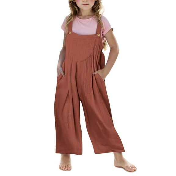 BLTIBY Teen Girls Overalls Fall Loose Preppy Romper Casual Sleeveless Strapless Wide Leg Long Pants with Pockets Brown 5-6 Years