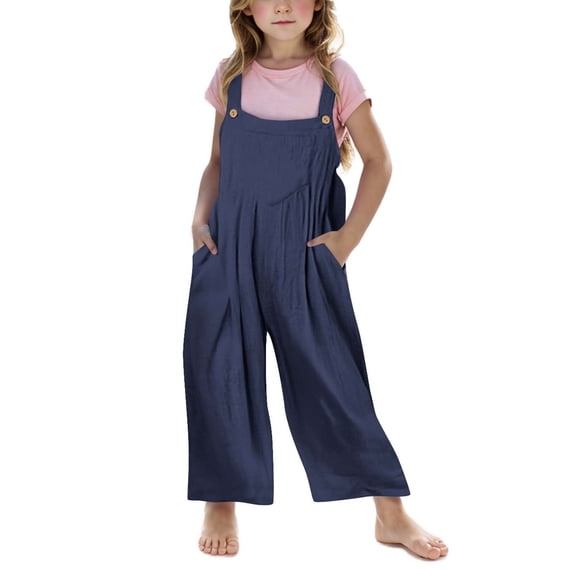BLTIBY Teen Girls Overalls Fall Loose Preppy Romper Casual Sleeveless Strapless Wide Leg Long Pants with Pockets Navy 7-8 Years