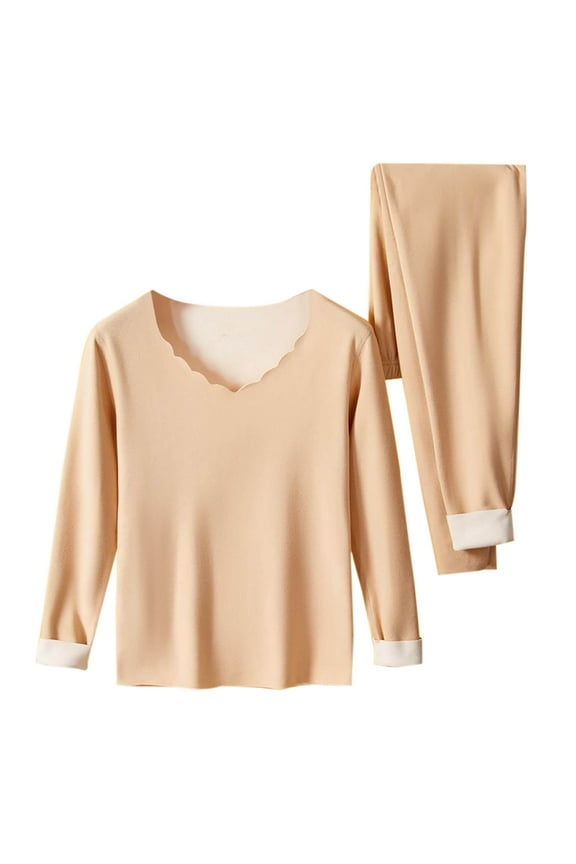 Thermal Underwear Set for Women Long Johns Ultra-Soft Warm Winter Fleece Fitted V Neck Top & Bottom Base Layer Sets for Cold Weather Khaki XL