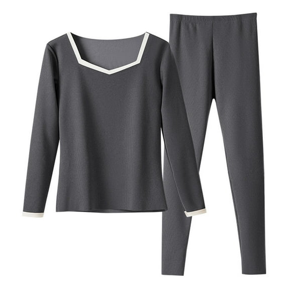 BLTIBY Thermal Underwear Sets for Women Long Johns Color Block Square Neck Base Layer Winter Warm Long Sleeve Pjs Sleepwear Dark Gray XXL