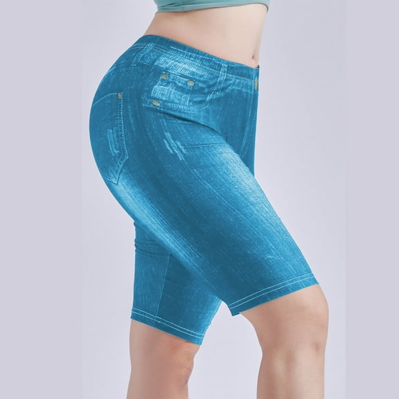 BLTIBY Thigh Shapers for Women Mid Waisted Tummy Control Butt-lifting Seamless Faux Denim Solid Color Shaper Underwear Slimming Shorts Blue L