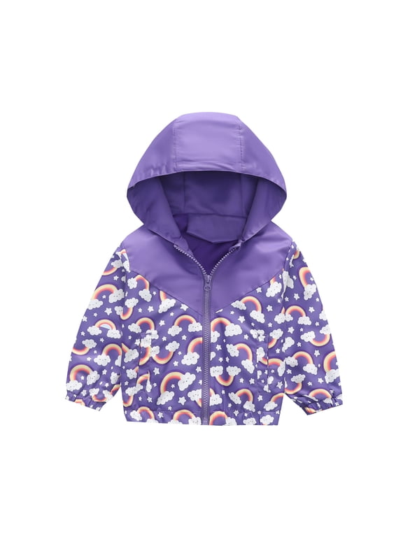 Toddler Baby Girls Boys Hooded Rain Jacket Windbreaker Lightweight Cute Printed Coat Autumn Long Sleeve Windproof Outwear with Pockets Purple 5-6 Years