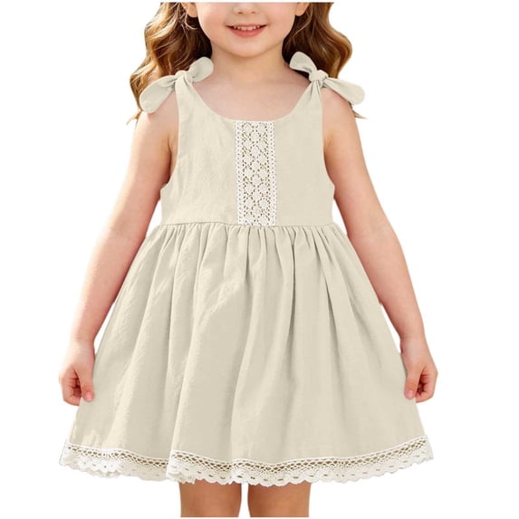 BLTIBY Toddler Baby Girls Cotton Dresses Round Neck Lace Trim Sleeveless Dress Summer Beach Holiday Sundress Beige 2-3 Years