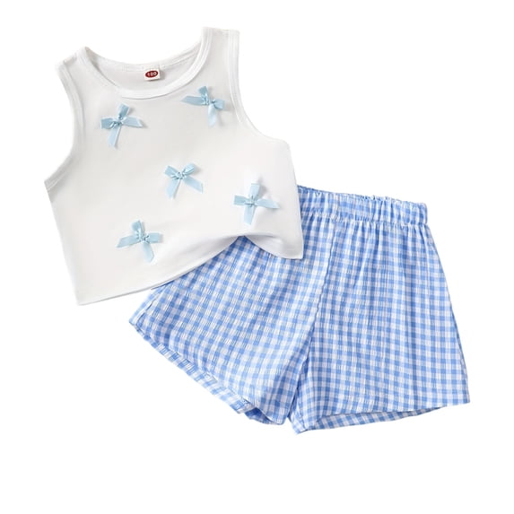 BLTIBY Toddler Girls 2 Piece Outfits Kids Summer Sleeveless Bow Tank Tops and Plaid Printed Shorts Sets Sky Blue 7-8Years