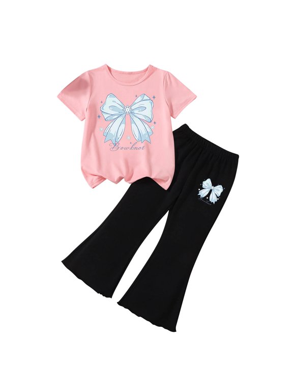 Toddler Girls 2 Piece Outfits Summer Bow Printed Short Sleeve T-Shirts Flared Pants Sets Loungwear Pink 6-7 Years