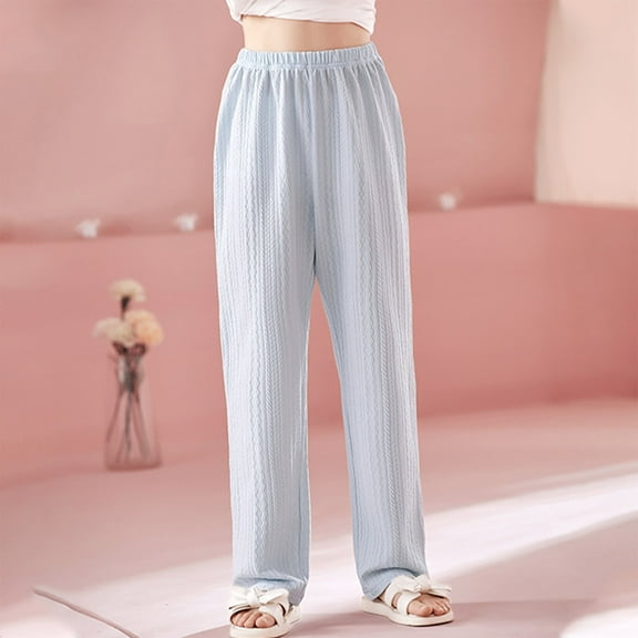 BLTIBY Toddler Girls Boys Pajama Cotton Pant Bottoms Jacquard Solid Color Loose Casual Pants Stretchy Soft Homewear Trousers Blue 11-12Years