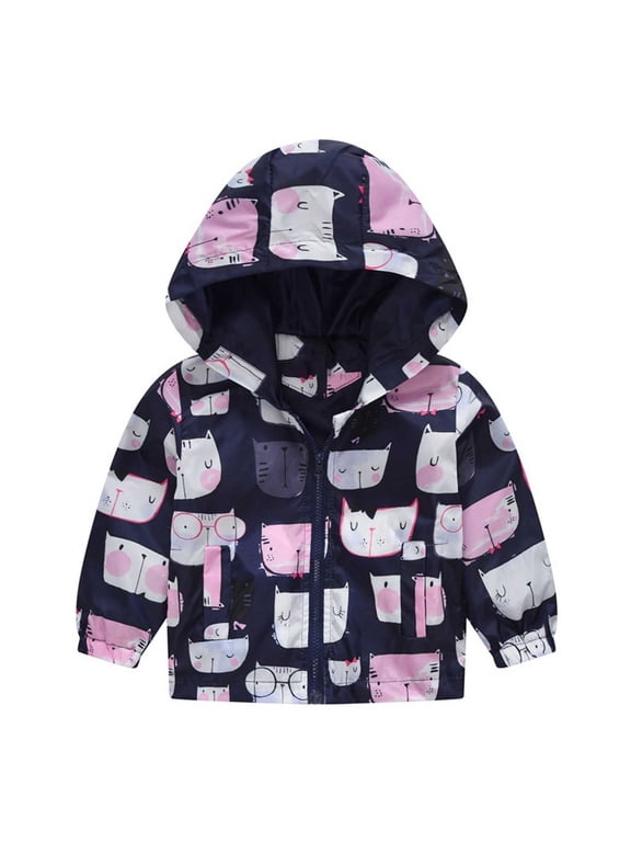 Toddler Girls Boys Rain Jacket Hooded Windbreaker Lightweight Cute Print Coat Fall Long Sleeve Windproof Raincoar with Pockets Pink 2 5-6Years