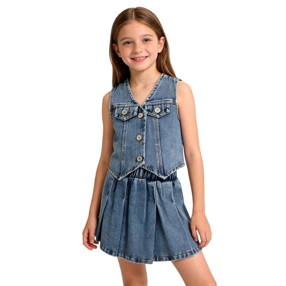 BLTIBY Toddler Girls Denim Outfits Solid Color Button Down Vest Tops and Pleated Skirts 2Pcs Summer Sets Blue 3-4 Years
