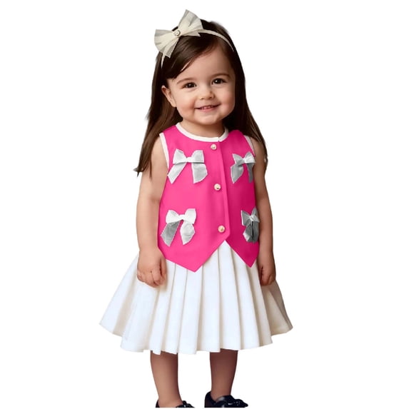 BLTIBY Toddler Girls Summer Outfits Solid Color Button Down Bow Vest Tops and Pleated Skirts Sets Hot Pink 18-24 Months