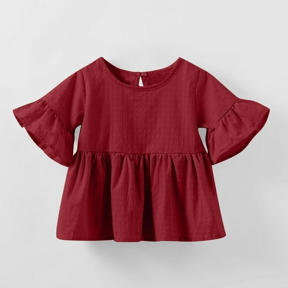 BLTIBY Toddler Girls T-shirt Summer Ruffle Sleeve Short Sleeve Solid Color Blouse Kids Round Neck Casual Fashion Pullover Tops Red 3-4 Years