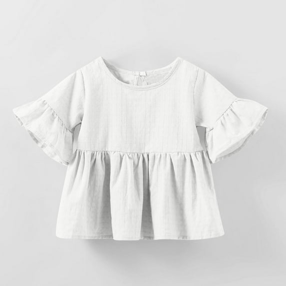 BLTIBY Toddler Girls T-shirt Summer Ruffle Sleeve Short Sleeve Solid Color Blouse Kids Round Neck Casual Fashion Pullover Tops White 6-12 Months