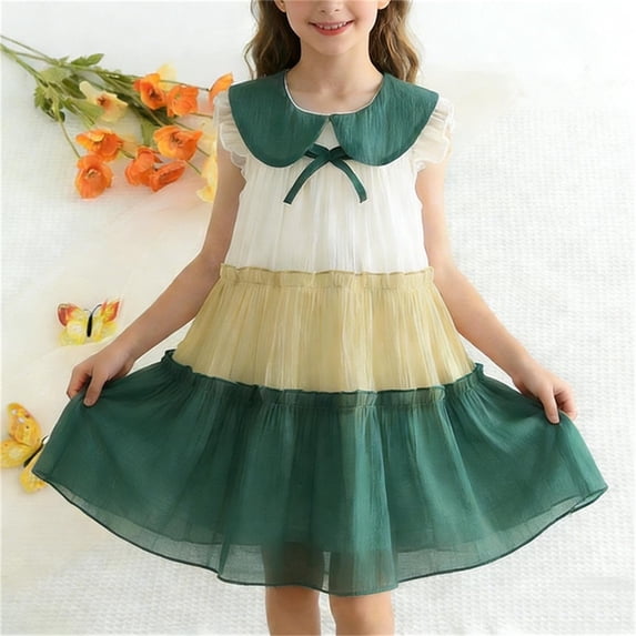 BLTIBY Toddler Girls Tulle Mesh Dresses Sleeveless Summer Peter Pan Collar Color Block Dress Casual Beach Sundress Green 5-6 Years