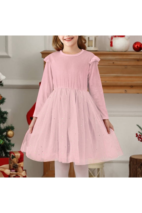 Toddler Girls Velvet Tutu Dress Layered Tulle Long Sleeve Smocked Fall Spring Wedding Party Birthday Star Sequin Dresses Christmas Pink 11-12 Years