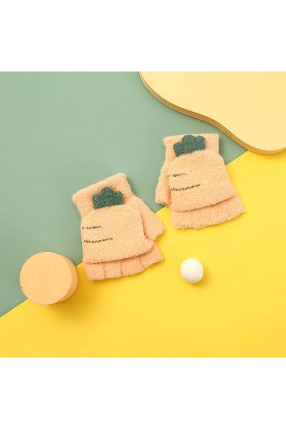 Toddler Girls Winter Gloves Thick Soft Plush Convertible Flip Top Mittens Fingerless Full Finger Rabbit Ears Thermal Warm Carrot Style Gloves for Outdoor Orange Free Size