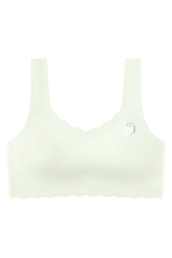 Training Bra for Girls Sports Seamless Kitten Printed Bra with Pad Teens Ice Silk Developmental Lace Vest Green 14-15 Years