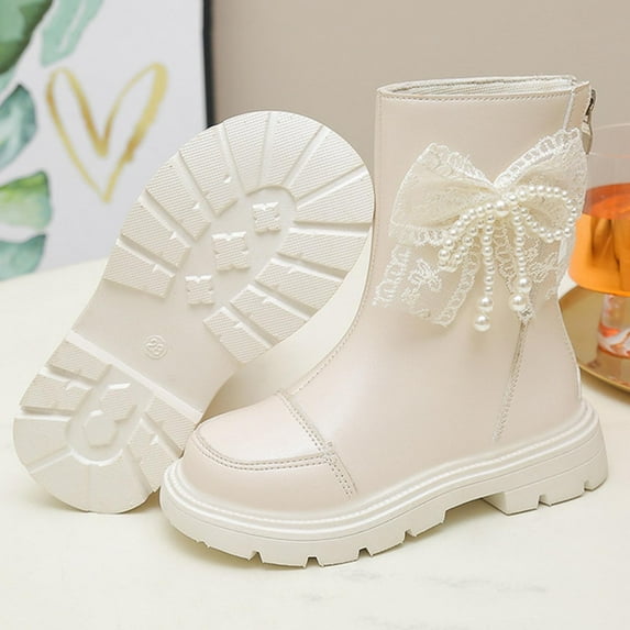 BLTIBY Girls Riding Boots Mid Calf Combat Boot Fashion Waterproof Faux Leather Back Zipper Booties for Little Kid Big Kid White 2 4-4.5 Years