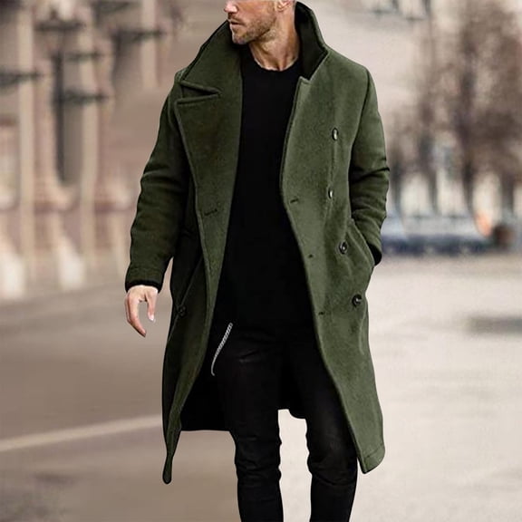 BLTIBY Trench Jacket for Men Winter Autumn Solid Color Button Fashion Long Sleeve Leisure Outerwear Long Coat Jackets Tops Casual Outwear Green L