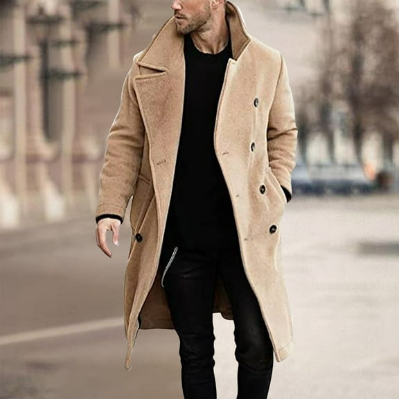 BLTIBY Trench Jacket for Men Winter Autumn Solid Color Button Fashion Long Sleeve Leisure Outerwear Long Coat Jackets Tops Casual Outwear Khaki L
