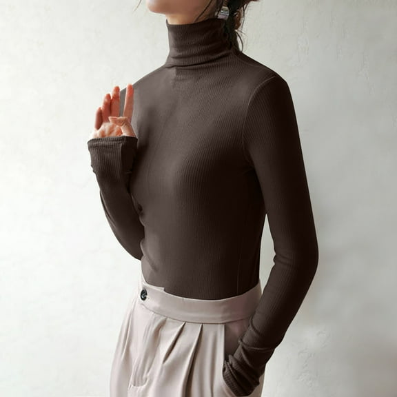 BLTIBY Turtleneck Long Sleeve Tops for Women Spring Fall Thicked Solid Colour Slim Fitted T Shirts Base Layer Lightweight Fashion Pullover Blouse Gray L