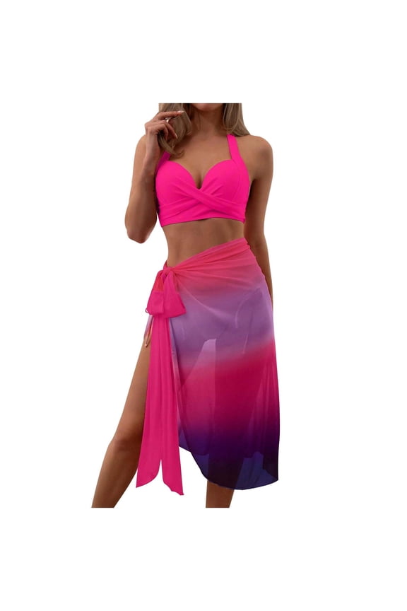 Two Piece Bathing Suits for Women Tummy Control Hanging Neck Swimsuit Beach Coverup Maxi Wrap Skirts High Waisted Bikini Set Hot Pink M