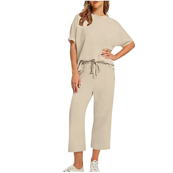 BLTIBY Two Piece Sets for Women Summer Outfits Oversized Crew Neck Short Sleeve Wide Leg Pants Lounge Sports Sets Beach Vacation Clothes with Pockets Beige M