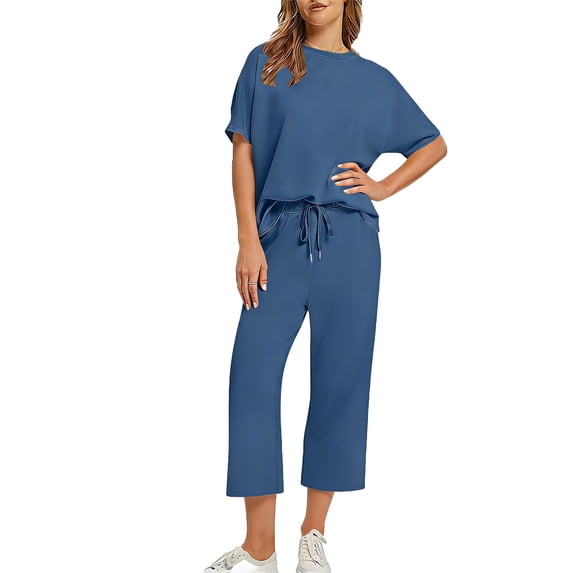 BLTIBY Two Piece Sets for Women Summer Outfits Oversized Crew Neck Short Sleeve Wide Leg Pants Lounge Sports Sets Beach Vacation Clothes with Pockets Blue M