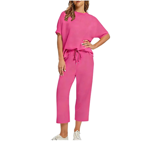 BLTIBY Two Piece Sets for Women Summer Outfits Oversized Crew Neck Short Sleeve Wide Leg Pants Lounge Sports Sets Beach Vacation Clothes with Pockets Hot Pink S