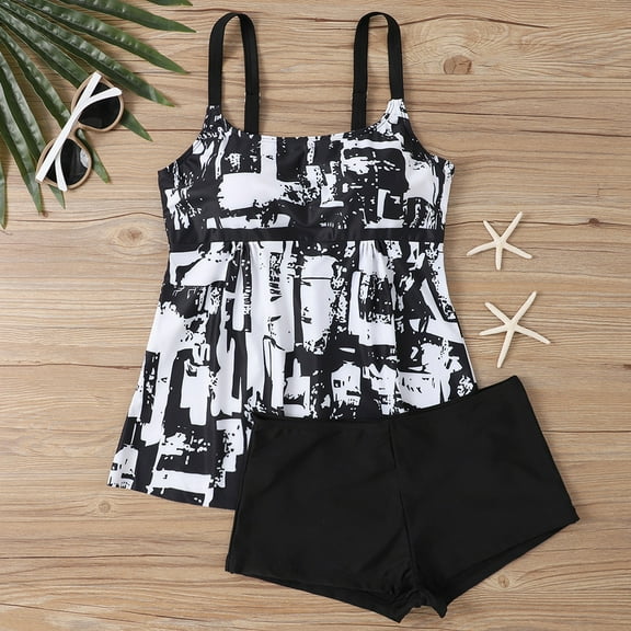 BLTIBY Two Piece Tankini Swimsuits for Women with Shorts Printed Sleeveless Tummy Control Bathing Suits Athletic Swimwear Black L