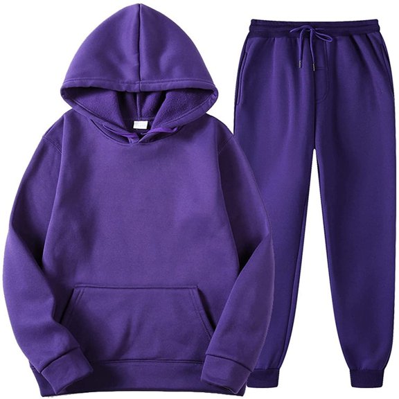 BLTIBY Unisex 2 PC Sweatsuit Set Men Women Sets Winter Fall Jogger Sweatpants Solid Color Long Sleeve Hoodie Pullover Sweatshirt Tracksuit with Pockets Purple XL