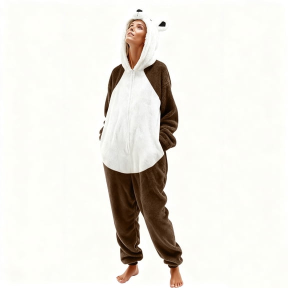 BLTIBY Unisex Adult Plush Bear Onesie Pajamas Long Sleeve Hooded Fleece Zip Homewear with Pockets for Winter Warmth Brown L