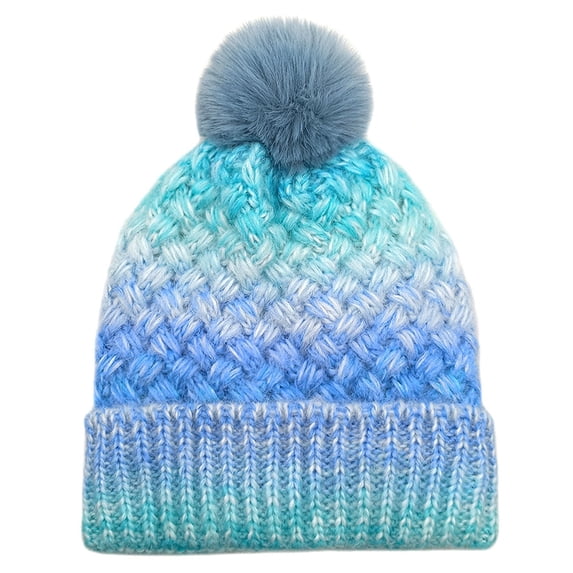 BLTIBY Unisex Ombre Hat Cuffed Fleece Lining Thick Winter Warm Cable Knitted Beanie with Pompom Fashion Comfortable Cap Blue M