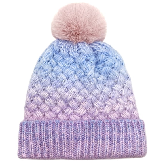 BLTIBY Unisex Ombre Hat Cuffed Fleece Lining Thick Winter Warm Cable Knitted Beanie with Pompom Fashion Comfortable Cap Purple M