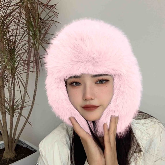 BLTIBY Unisex Winter Trooper Trapper Hat Faux Fur Russian Ushanka Cap Warm Ear Flaps Hat Furry Outdoor Hunting Skiing Hat Pink Free Size