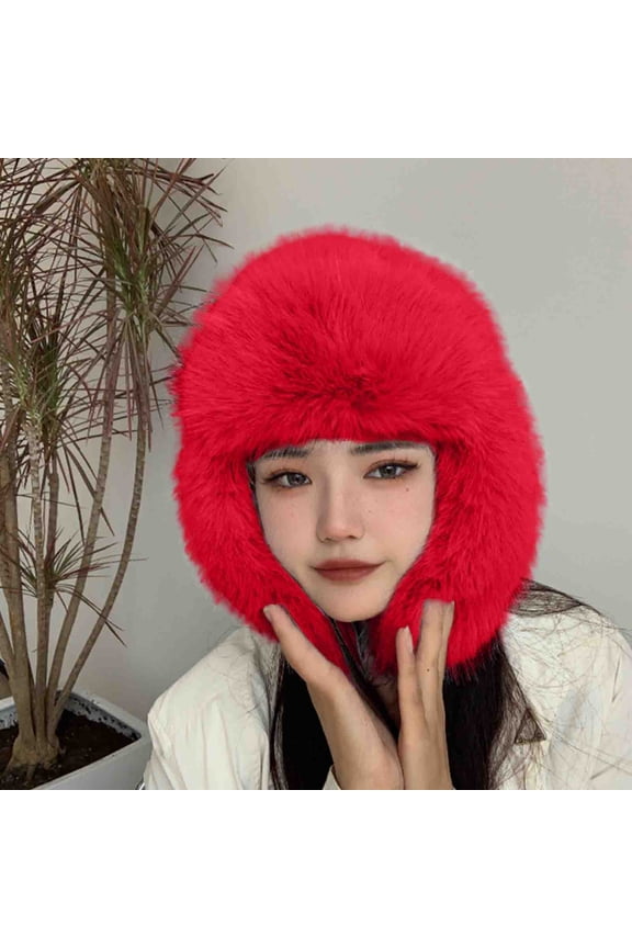 Unisex Winter Trooper Trapper Hat Faux Fur Russian Ushanka Cap Warm Ear Flaps Hat Furry Outdoor Hunting Skiing Hat Red Free Size