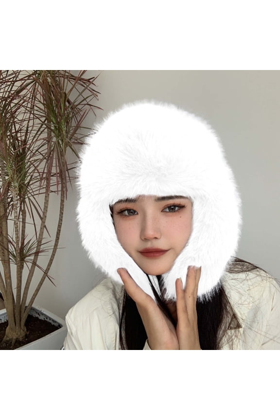 Unisex Winter Trooper Trapper Hat Faux Fur Russian Ushanka Cap Warm Ear Flaps Hat Furry Outdoor Hunting Skiing Hat White Free Size