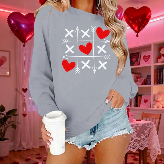 BLTIBY Valentine Day Sweatshirt for Women Cute Love Heart Printed Pullover Blouse Long Sleeve Loose Crew Neck Casual Tops Gray 2 XXL