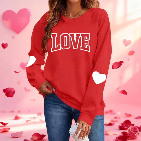 BLTIBY Valentine Shirts for Women Love Heart Graphic Sweater Long Sleeve Round Neck Pullover Blouse Fashion Casual Valentines the Day Tops Red 2 XS