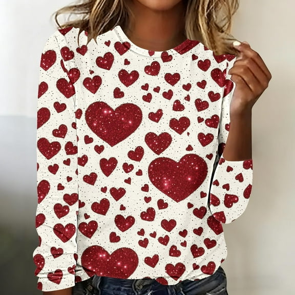 BLTIBY Valentine Shirts for Women Love Heart Printed Sweater Crewneck Long Sleeve Pullover Blouse Fashion Casual Valentines the Day Tops Red S