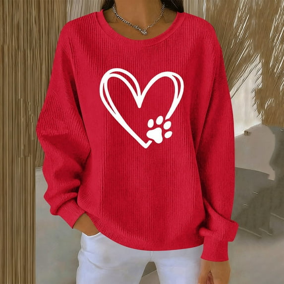 BLTIBY Valentine Shirts for Women Love Heart Sweater Casual Long Sleeve Crewneck Pullover Sweatshirts Valentines the Day Top Red 2 M