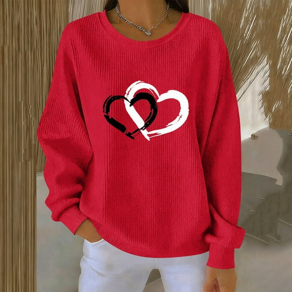 BLTIBY Valentine Shirts for Women Love Heart Sweater Casual Long Sleeve Crewneck Pullover Sweatshirts Valentines the Day Top Red 3 XL