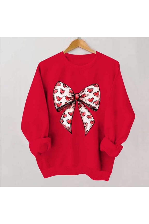 Valentine Sweatshirts for Women Bow Print Pullover Tops Cute Fashion Crew Neck Long Sleeve Holiday Blouse Clothes for Anniversary Dating Red XL