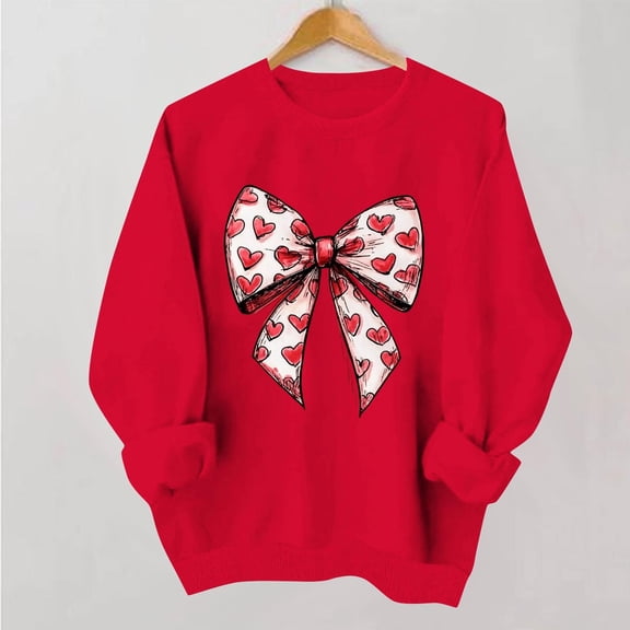 BLTIBY Valentine Sweatshirts for Women Bow Print Pullover Tops Cute Fashion Crew Neck Long Sleeve Holiday Blouse Clothes for Anniversary Dating Red XS