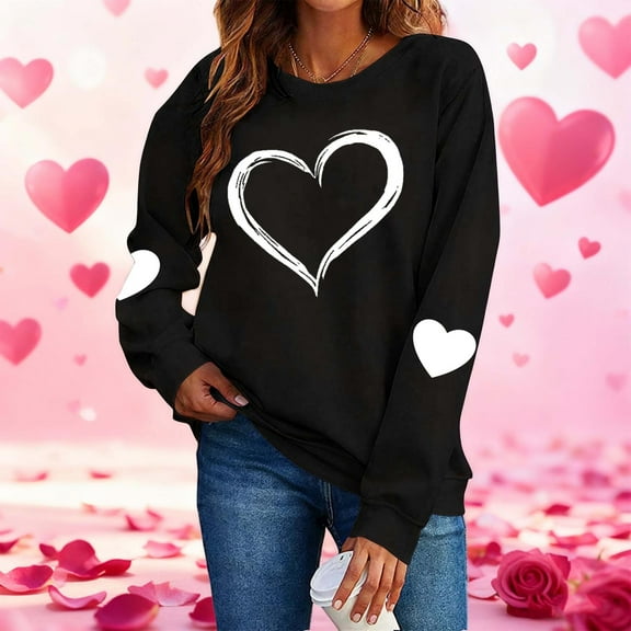 BLTIBY Valentine Sweatshirts for Women Love Heart Graphic Sweater Long Sleeve Round Neck Pullover Blouse Casual Fashion Valentines the Day Top Black 2 L