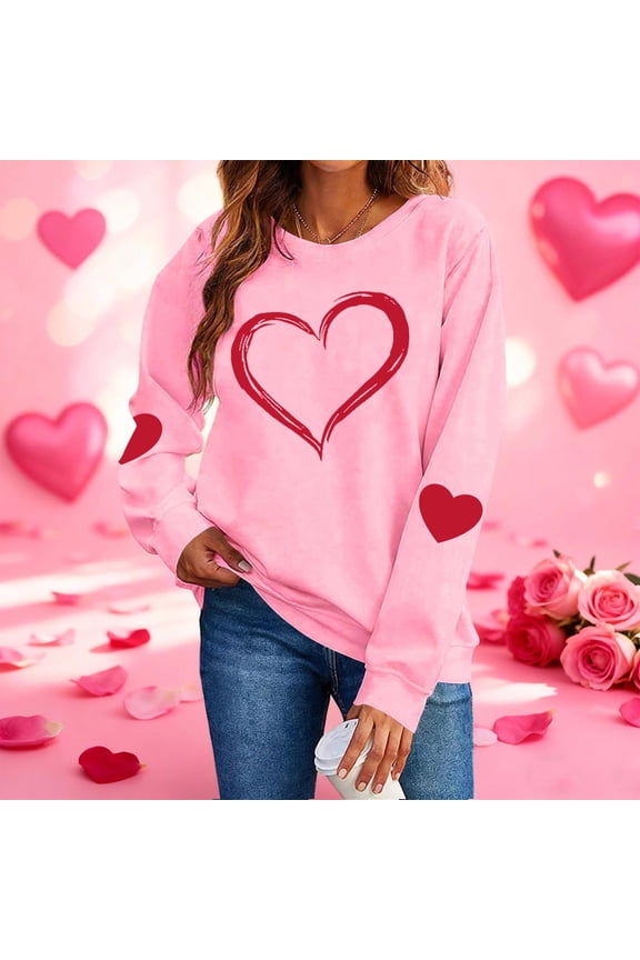 Valentine Sweatshirts for Women Love Heart Graphic Sweater Long Sleeve Round Neck Pullover Blouse Casual Fashion Valentines the Day Top Pink 2 L