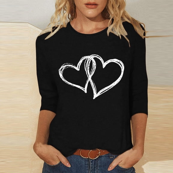 BLTIBY Valentine Sweatshirts for Women Love Heart Printed Pullover Top Cute Crew Neck 3/4 Sleeve Holiday Blouse Clothes for Anniversary Dating Black 2 XXL