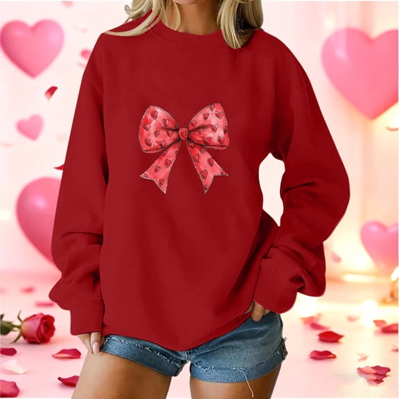 BLTIBY Valentine Sweatshirts for Women Bow Printed Pullover Tops Cute Long Sleeve Crew Neck Holiday Blouse Clothes for Anniversary Dating Red M